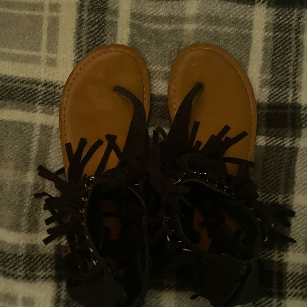 black fringe sandals